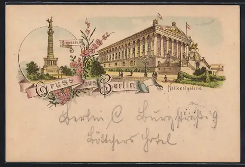 Lithographie Berlin, Siegessäule und Nationalgalerie