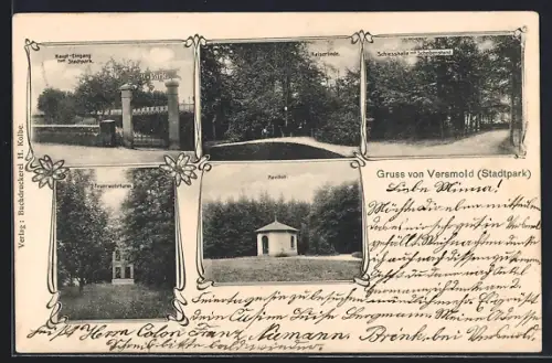 AK Versmold, Stadtpark: Haupteingang, Feuerwehrturm, Schiesshalle mit Scheibenstand