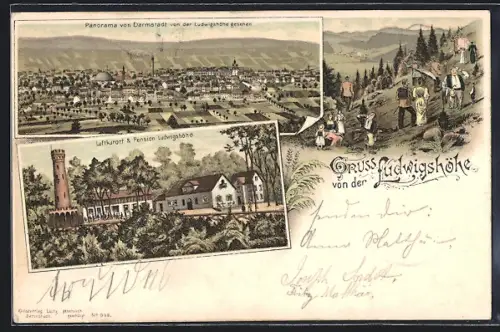 Lithographie Darmstadt, Luftkurort-Pension Ludwigshöhe, Wanderer u. Ausflügler, Stadtpanorama