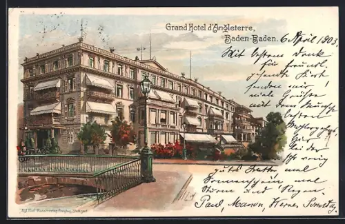 Lithographie Baden-Baden, Grand Hotel d`Angleterre, Pferdekutsche