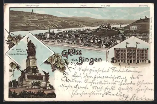Lithographie Bingen / Rhein, Gesamtansicht, National-Denkmal, Niederwald, Technikum