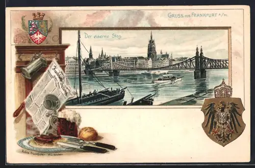 Passepartout-Lithographie Alt-Frankfurt, Der eiserne Steg und Wappen