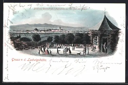 AK Darmstadt, Blick vom Gasthaus Ludwigshöhe auf den Ort