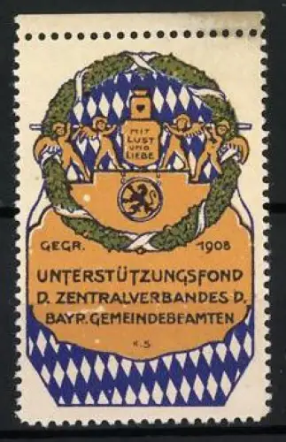Reklamemarke Bayern, Unterstützungsfond d. Zentralverbandes d. Bayr. Gemeindebeamten 1908, Figuren und Kranz