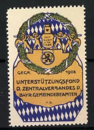 Reklamemarke Unterstützungsfond d. Zentralverbandes d. Bayr. Gemeindebeamten 1908, Kranz mit Figuren
