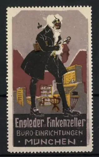 Reklamemarke München, Engleder & Finkenzeller Büro-Einrichtungen, Büro mit Mann und Lupe