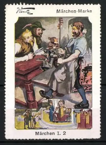 Reklamemarke Märchen I. 2, Märchen-Marke, Werkstatt mit Handwerker und Zwerg