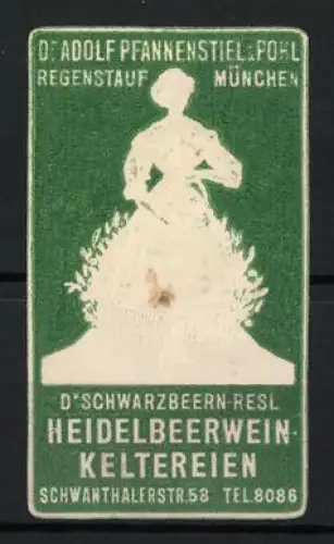 Reklamemarke München, D`Schwarzbeern-Resl Heidelbeerweinkeltereien, Frauenfigur