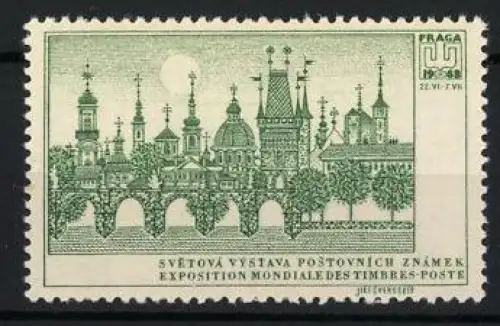 Reklamemarke Praga 1968, Ausstellung von Postwertzeichen, Stadtansicht mit Türmen