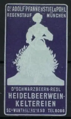 Reklamemarke München, Heidelbeerweinkeltereien, Dame mit Blumenstrauss