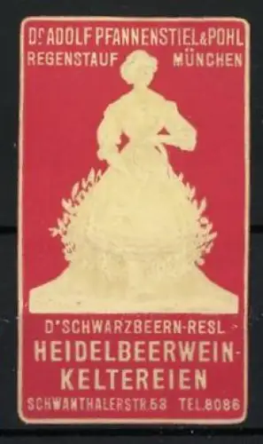 Reklamemarke München, Heidelbeerweinkeltereien, Frau in Tracht