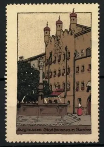 Reklamemarke Burghausen, Stadtbrunnen im Sommer, historisches Gebäude
