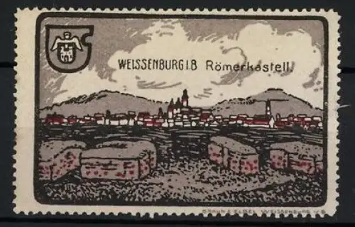 Reklamemarke Weissenburg, Römerkastell, Stadtansicht mit Hügeln