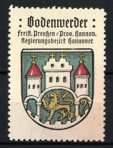 Reklamemarke Bodenwerder, Freist. Preussen /Prov. Hannover, Löwe und Türme, Kaffee Hag Serie