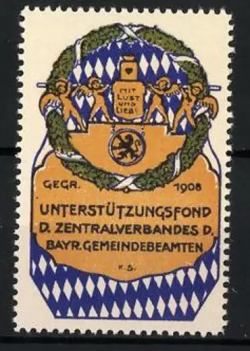 Reklamemarke Bayern, Unterstützungsfond d. Zentralverbandes Bayr. Gemeindebeamten, Kranz mit Figuren und Löwe