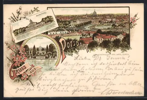 Lithographie Potsdam, Marmor-Palais, Sanssouci, Stadtansicht