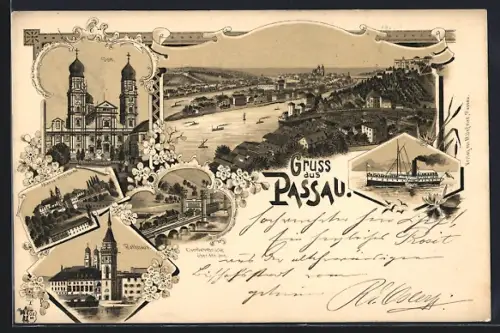 Lithographie Passau, Dom, Eisenbahnbrücke über den Inn, Dampfschiff