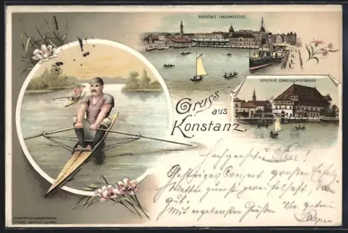 Lithographie Konstanz, Landungssteg, Conciliengebäude, Ruderer auf dem Bodensee