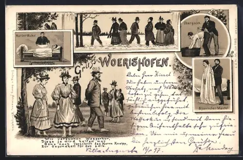 Lithographie Wörishofen, Kurzer Wickel, Oberguss, Spanischer Mantel, Wasserkur nach Kneipp