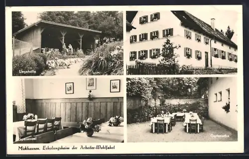 AK Mickhausen, Erholungsheim der Arbeiter-Wohlfahrt, Liegehalle, Speisesaal, Gartenecke