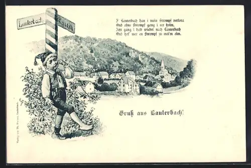 Lithographie Lauterbach / Hessen, Ortsansicht mit Junge am Wegweiser