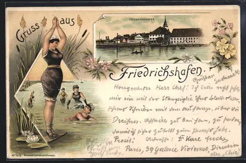 Lithographie Friedrichshafen, Seeufer mit Stadtansicht und Badende im Bodensee