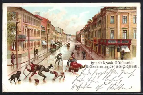 Lithographie Offenbach / Main, Vereiste Strassenszene mit Strassenbahn und Hunden