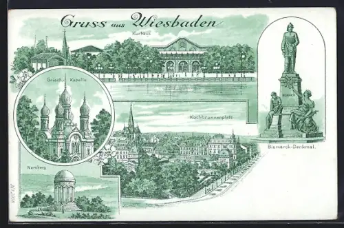 Lithographie Wiesbaden, Kurhaus, Kochbrunnenplatz, Bismarck-Denkmal, Neroberg, Griechische Kapelle