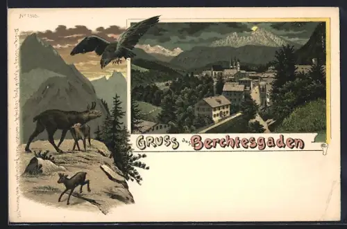 Lithographie Berchtesgaden, Ortsansicht, Berge, Wildtiere