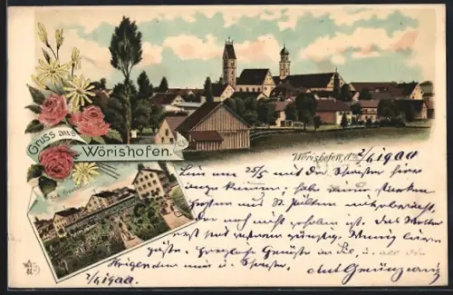 Lithographie Wörishofen, Ortsansicht, Kirche, Kurhaus