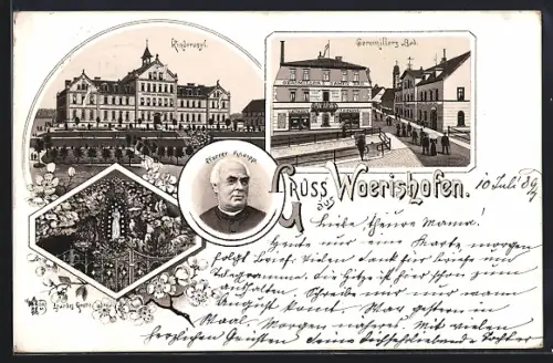 Lithographie Bad Wörishofen, Kinderasyl, Geromillers Bad, Porträt Pfarrer Kneipp
