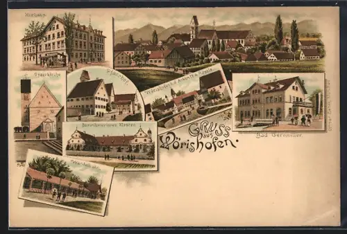 Lithographie Bad Wörishofen, Kurhaus, Pfarrkirche, Dominikanerinnen Kloster, Wandelbahn, Bad Geromiller