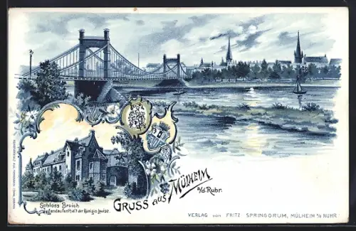 Mondschein-Lithographie Mülheim a. d. Ruhr, Schloss Broich, Brücke, Stadtansicht