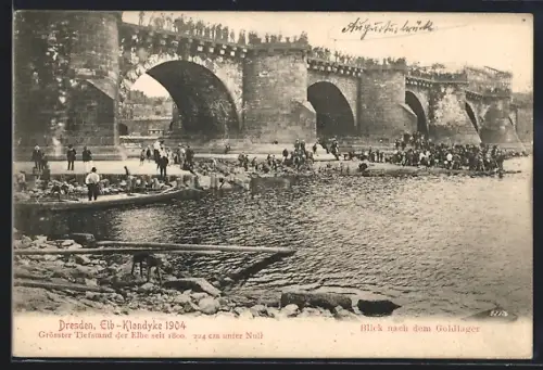 AK Dresden, Elb-Klondyke 1904, grösster Elbstand seit 1800, Blick nach dem Goldlager
