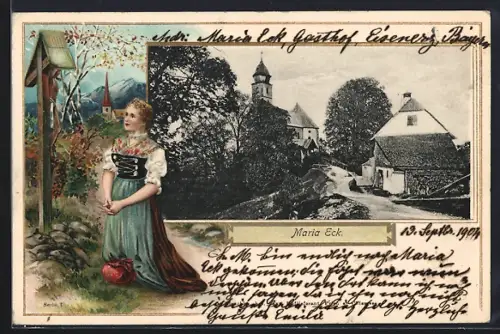 Passepartout-Lithographie Maria Eck, Kirche, Gasthaus
