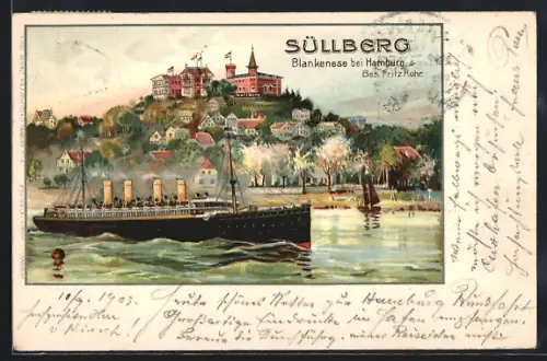 Lithographie Hamburg-Blankenese, Süllberg, Dampfschiff, Bes. Fritz Rohr
