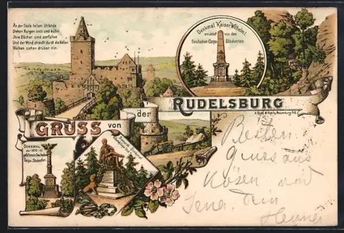 Lithographie Rudelsburg, Burganlage, Kaiser-Wilhelm-Denkmal, Denkmal Deutscher Corpsstudenten