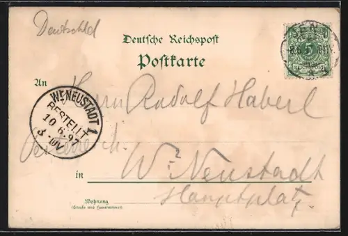 Lithographie Rudelsburg, Burganlage, Kaiser-Wilhelm-Denkmal, Denkmal Deutscher Corpsstudenten