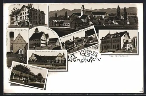 Lithographie Bad Wörishofen, Kurhaus, Pfarrkirche, Dominikanerinnen Kloster, Wandelbahn