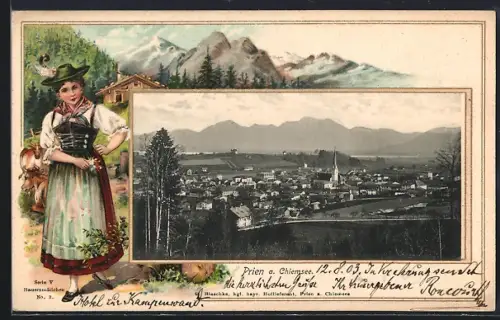 Passepartout-Lithographie Prien a. Chiemsee, Gesamtansicht, Trachtenfrau, Alpenpanorama