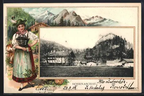 Passepartout-Lithographie Hohenaschau, Schloss, Dorfansicht, Tracht