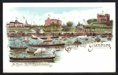 Lithographie Hamburg-St.Pauli, Landungsbrücken, Hafenansicht, Schiffe