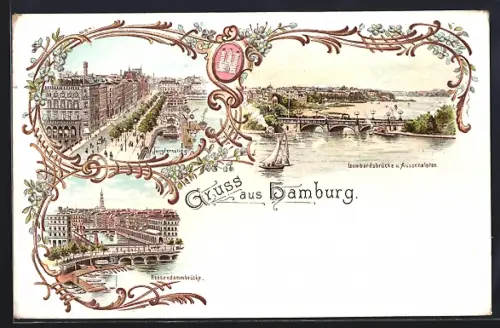 Lithographie Hamburg-Neustadt, Jungfernstieg, Lombardsbrücke, Reeserdammbrücke