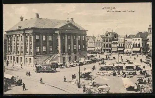 AK Groningen, Groote Markt met Stadthuis, Strassenbahn