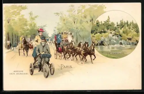 AK Paris XVII, Fahrradfahrer und Kutschen in der Avenue des Acacias