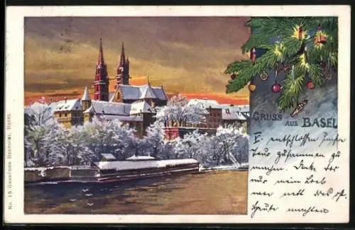 AK Basel, Teilansicht und Tannenzweig