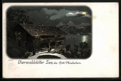 Mondschein-Lithographie Vierwaldstätter See, Das Rütli im Vollmondlicht