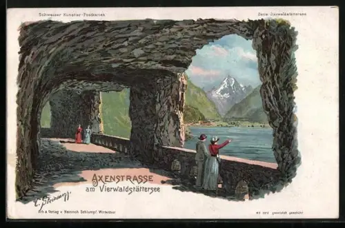 Künstler-AK Axenstrasse, Passanten auf der Axenstrasse am Vierwaldstättersee um 1900