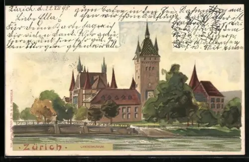 Lithographie Zürich, Blick zum Landesmuseum
