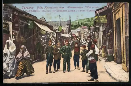 AK Sarajevo, Strassenszene mit Marktständen